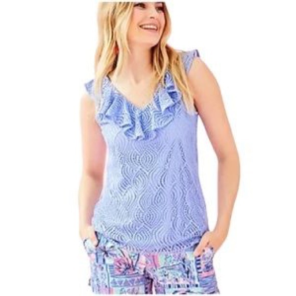 Lilly Pulitzer Tops - New Lilly Pulitzer Blue Peri Flowing Leaf Alessa Tank Top XS Ruffle V-Neck